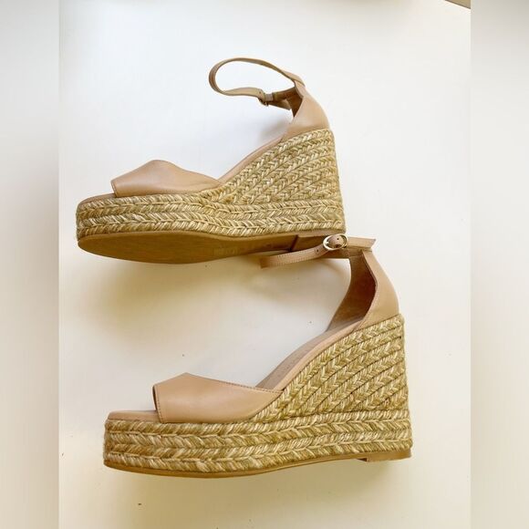 Stuart Weitzman Womens Nudistcurve Beige Peep Toe Wedge Sandals Shoes 7.5 - Picture 4 of 11